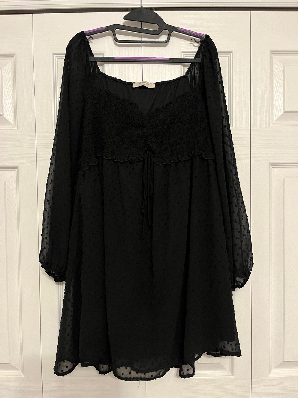 ARULA Black Swiss Dot Long-Sleeve Smocked Peasant Dress